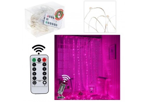 Электрогирлянда-штора розовая с дистационным управлением 300 ламп USB 3х3 м S0610